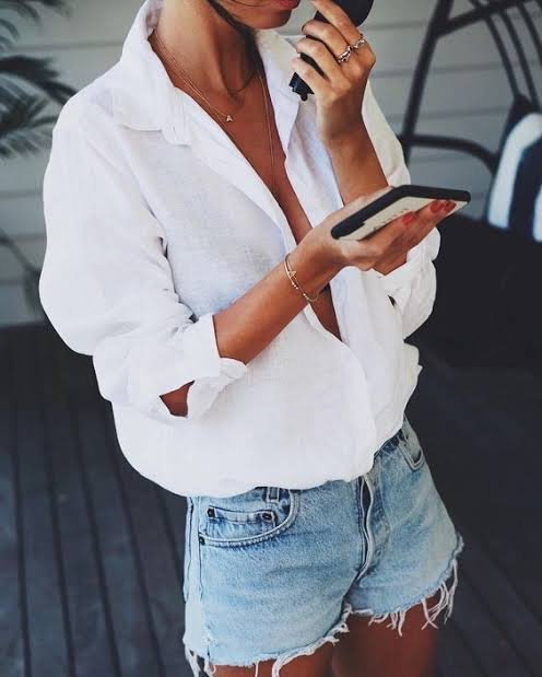 White Linen Shirt + Denim Shorts